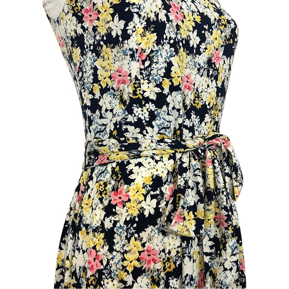 CHARTER CLUB | Navy White Yellow Sleeveless Floral Belted A-Line Midi Dress XS - Picture 5 of 15